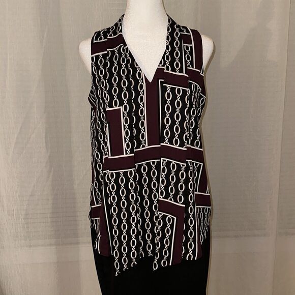 Ann Taylor SP Burgundy Black Ivory White Chainlink Sleeveless Shell Tie Blouse - Picture 9 of 13